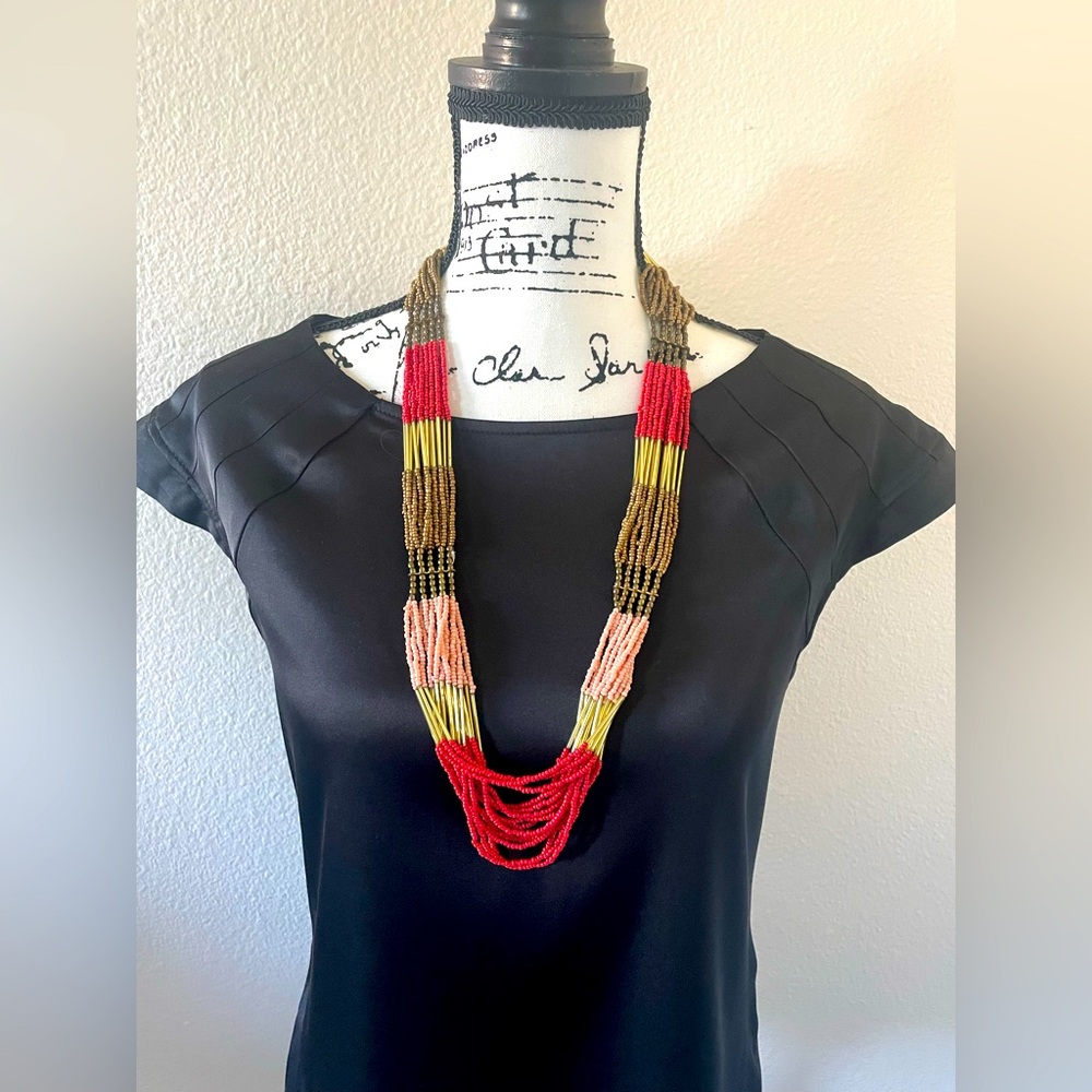 Vintage Bohemian 32” Woven Multi Strand  seed bead Earth Tone Bib necklace